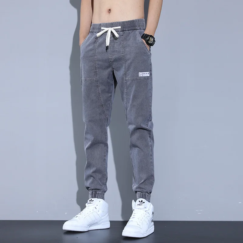 Men Jeans Spring Summer Solid Color Loose Pockets Harem Jeans Men Lace-up Mid Waist Denim Pencil Pants Trousers Streetwear Jeans