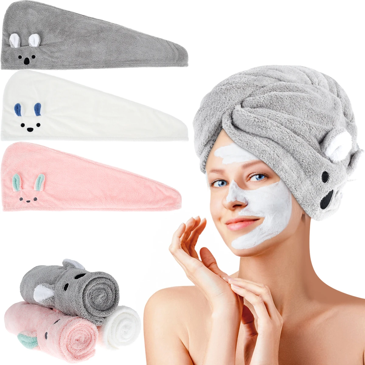 

L 3Pcs Dry Hair Caps Microfibre Hair Drying Towels Super Absorbent Dry Hair Hat with Button Cute Cartoon Bunny Rapid Drying