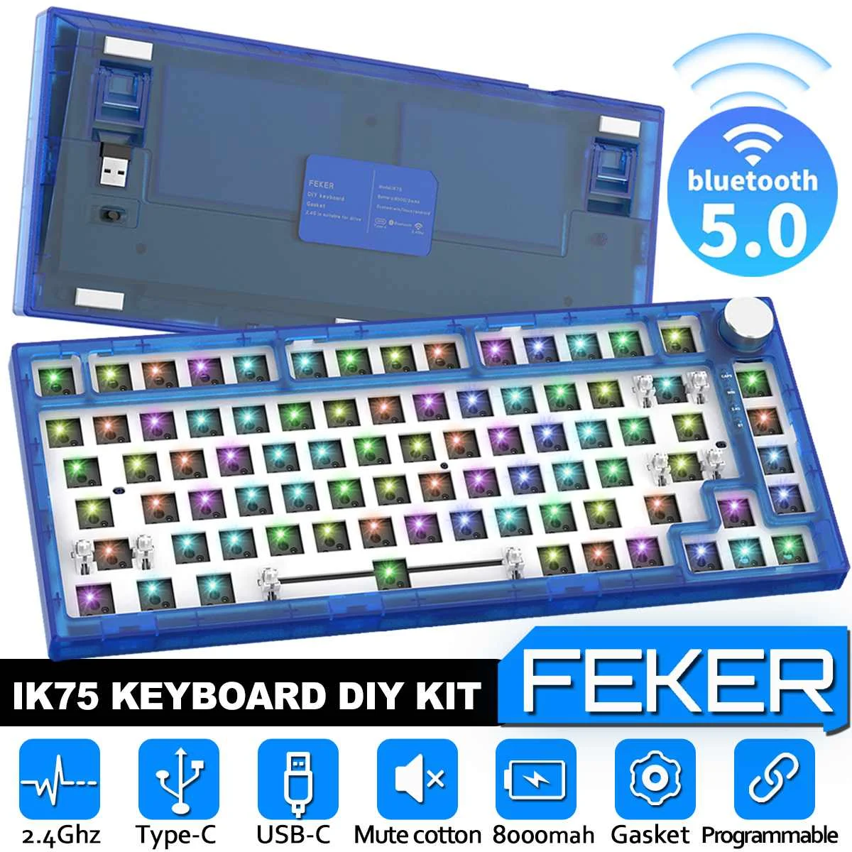 

FEKER IK75 DIY Hotswap Keyboard Kit RGB Backlit bluetooth5.0 Wired 2.4G Type-c 82Keys Gasket Mechanical Keyboard Customized Kit