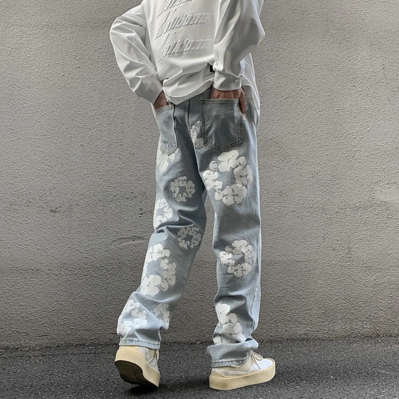 Blue Flower Jeans Men Fashion Casual Print Baggy Jeans Men Streetwear Hip-hop Loose Straight Denim Pants Mens Trousers M-3XL