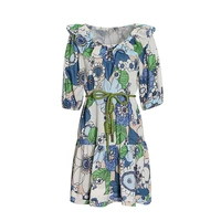 green pastoral style design short skirt 2022 summer new one word collar puff sleeves waist tie print dress robe traf