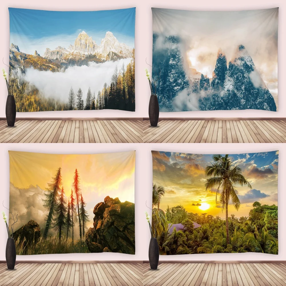

Misty Mountain Tapestry Wall Hanging Fog Forest Nature Scene Palm Tree Landscape Fabric Tapestries for Living Room Bedroom Dorm