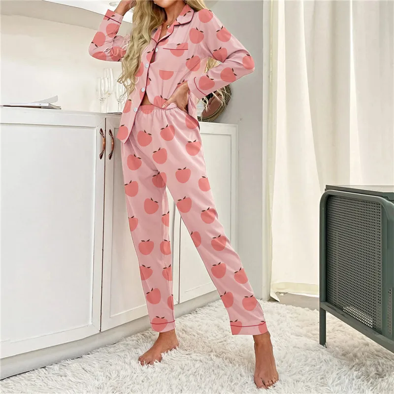 Women Pajamas Set Print Long Sleeves Tops with Pants Ladies Homewear Suit Front Button Down Sleepwear Spring Autumn Nightwear