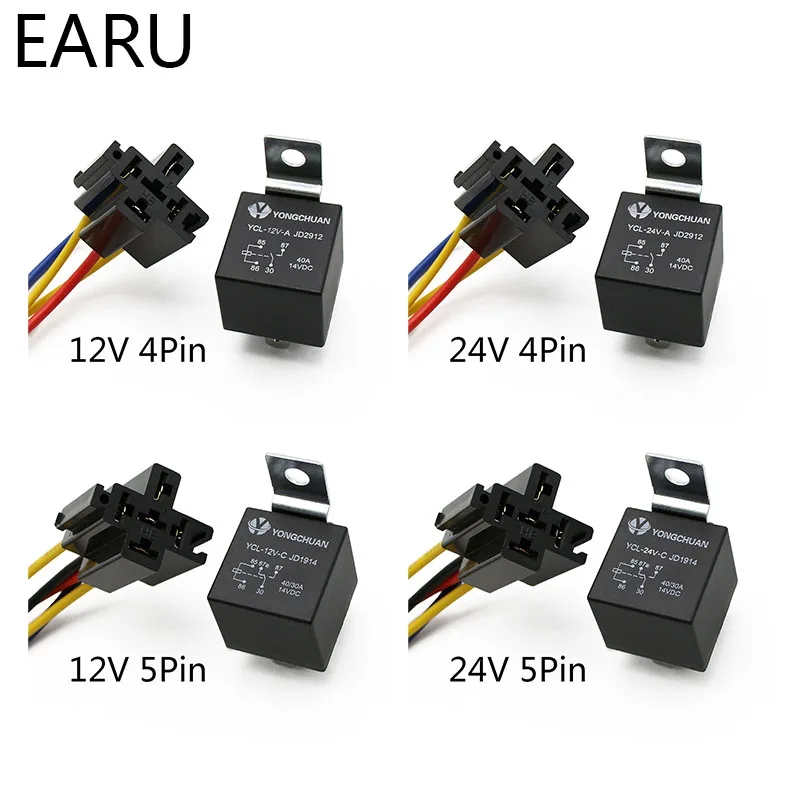 Waterproof Automotive Relay 12V 24V 4pin 5pin 4P 5P 40A Car Relay With Black Red Copper Terminal Auto Relay With Relay Socket