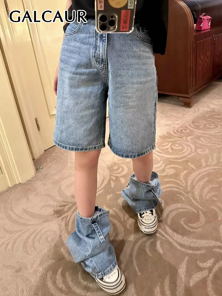 

GALCAUR Detachable Denim Pants For Women High Waist Patchwork Pockets Folds Minimalist Jeans Female Fashion Summer Clothing New
