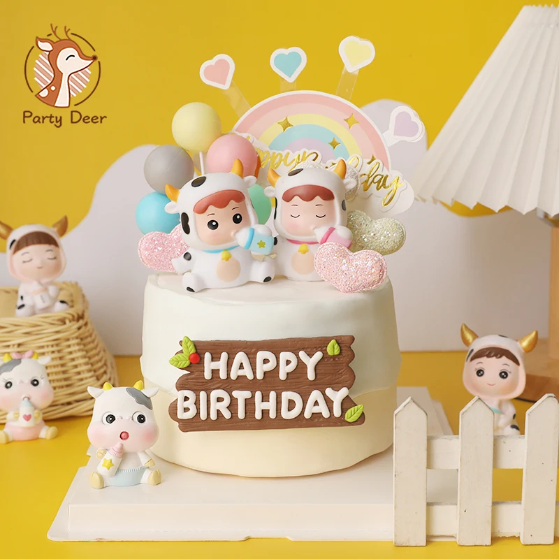 

Cute Bottle Baby Cow Cake Decoration 1st 2st Balloon Happy Birthday Flags Cake Topper For Baby Shower Birthday Party Decor Gifts