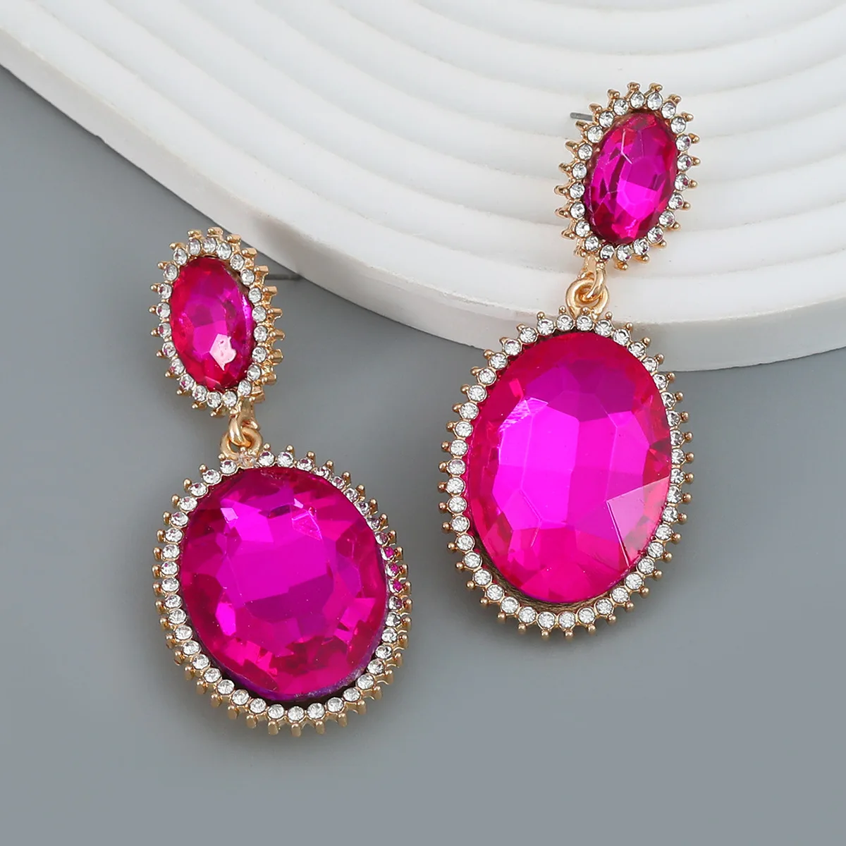 

New Shiny Statement Fuchsia Crystal Dangle Drop Earrings for Women Fashion Party Wedding Accessories