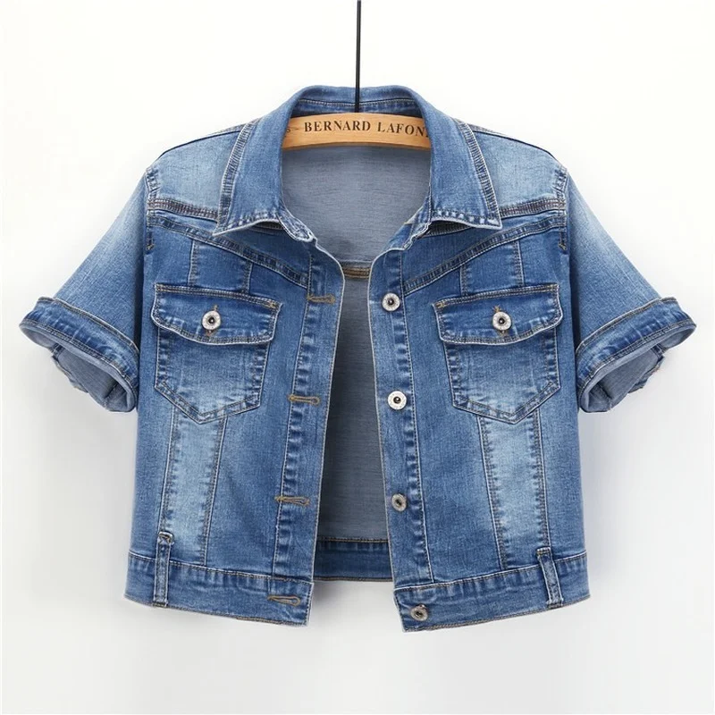 

New Turn Down Collar Short Denim Jacket Casual Cardigan Thin Pocket Top Jacket Coat Women Slim Short Sleeve Elegant Denim Jacket