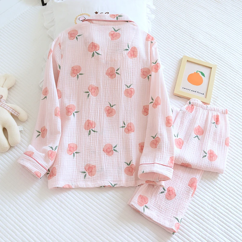 Spring New Ladies Pajamas Set Heart Printed Crepe Cotton Double-layer Gauze Turn-down Collar Long-sleeve Trousers Household Wear