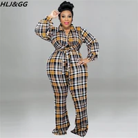 hljgg fall fashion plaid print bandage jumpsuits women deep v long sleeve slim playsuits female one piece rompers dropshipping