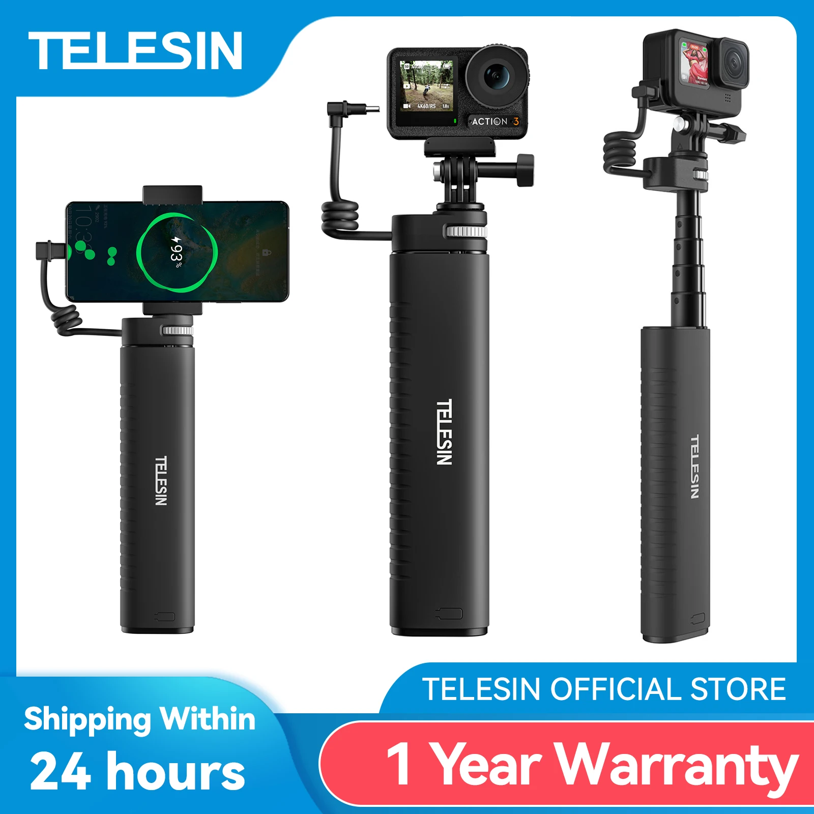 TELESIN Charging Selfie Stick 10000mah Power Bank Universal For Gopro Insta360 DJI Action Sports Camera For Smart Phone enlarge