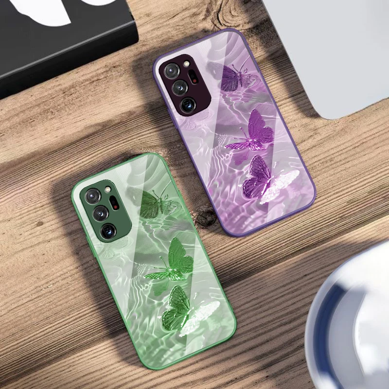Gradient Butterfly Blue For Samsung Galaxy Note 8 9 10 PRO 20 Ultra A01 02 03 Core 04E 4G 12 13 5G Tempering Glass Phone Case