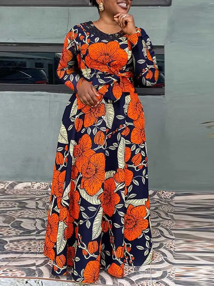 

2023 VONDA Women Maxi Dress Summer Floral Printed Sundress Long Sleeve Belted Casual Loose Party Vestidos Robe Femme