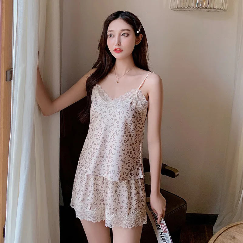 Women's Sleepwear Summer Silk Pajamas Sexy Girls Leopard Camisole Shorts Set Satin Pyjama Set Female Home Wear