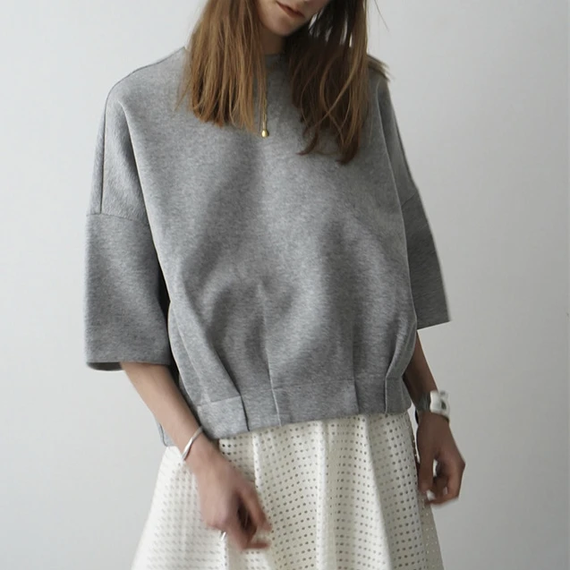 

2023 Spring Summer New Half Sleeve Hoody Solid 3d Ruched Hoodie Loose O Neck Hoodies Women Casual All Match Sweatshirts