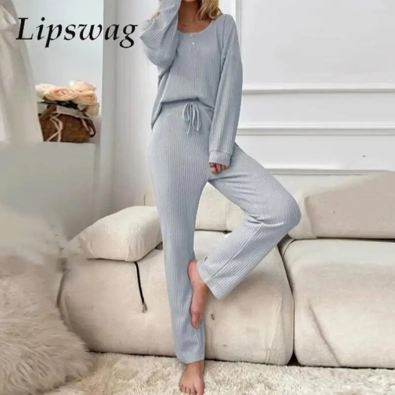 

Casual Comfort Loose Two Piece Set Solid Pajamas Homesuit Women's Waffle Knitted Tops Pullover With Lace Up Pants Sleepwear Suit