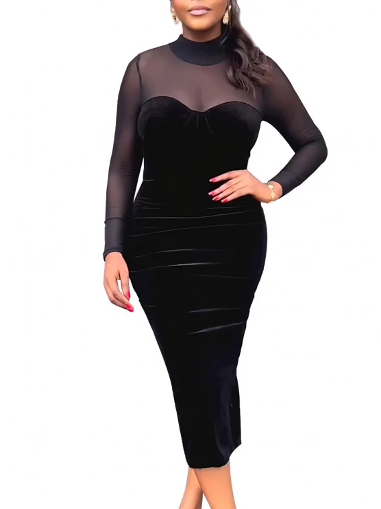 

Женское облегающее платье с длинным рукавом, черное Сетчатое платье средней длины с высокой талией в стиле пэчворк, весна-лето