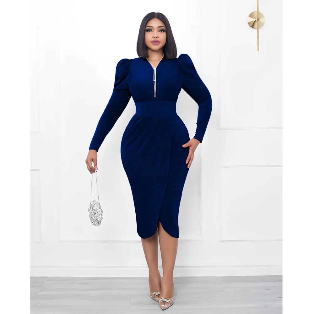 

Autumn Fashion Elegant Midi Dress Women Office Ladies OL Solid High Waist Long Sleeve Slim Autumn Winter Clothing Women Dresses