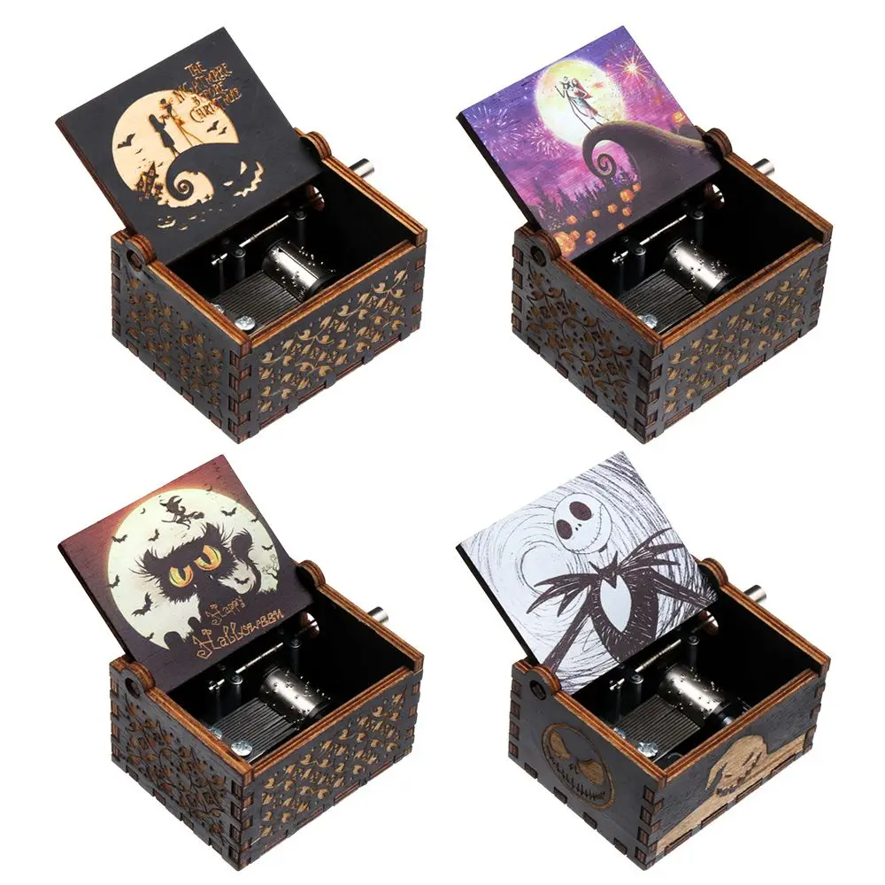 

Classical Engraved Nightmare Before Christmas Halloween Music Box Musical Boxes Hand Crank Wooden