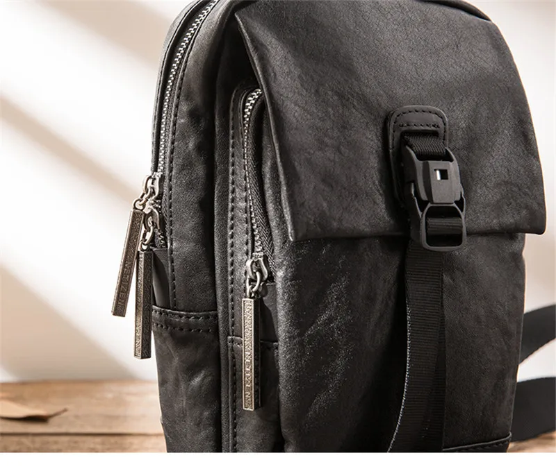 Fashion retro men's first layer cowhide black multi-pocket chest bag daily outdoor sports hot sale real leather messenger bag