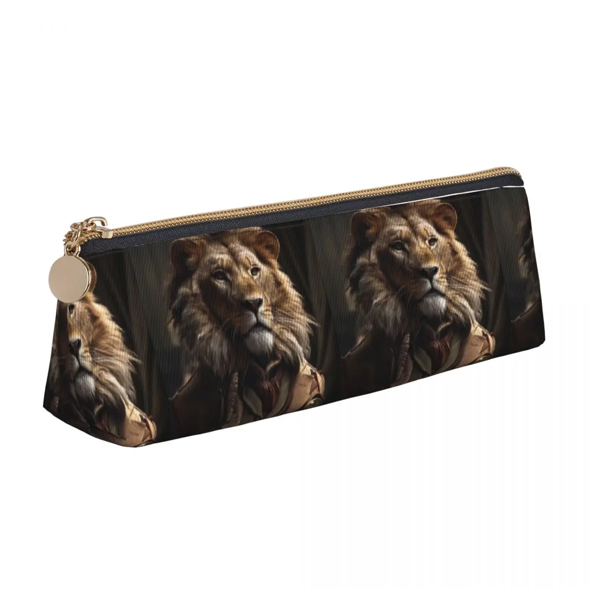Lion Triangle Pencil Case Personify Hunting Animal Simple Zipper Pencil Box For Teens School Leather Pen Pouch