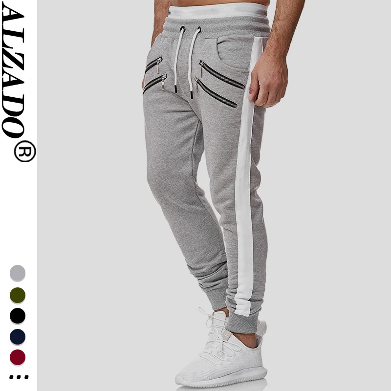 

ALZADO Brand Men's Gyms Pants Joggers Fitness Casual Trousers Men Workout Skinny Sweatpants Tracksuit Cotton Multiple Zippers