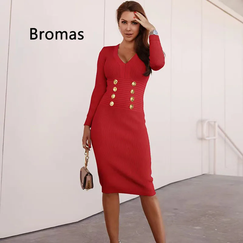 

Winter New Women's Fashion Elegant Knitted Dress Solid Color V-Neck Long-Sleeved Slim Temperament Mid-Length Dress