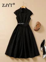 zjyt runway fashion summer midi black shirt dress women elegant short sleeve vintage party vestidos aline casual robe femme