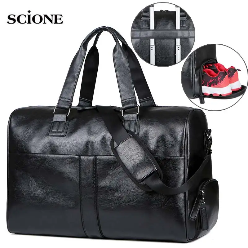 Men's PU Leather Gym Bag Sports Bags Travel Tote Handbag for Male Fitness Men Trip Carry ON Shoulder Bags Dry Wet Outdoor XA109A