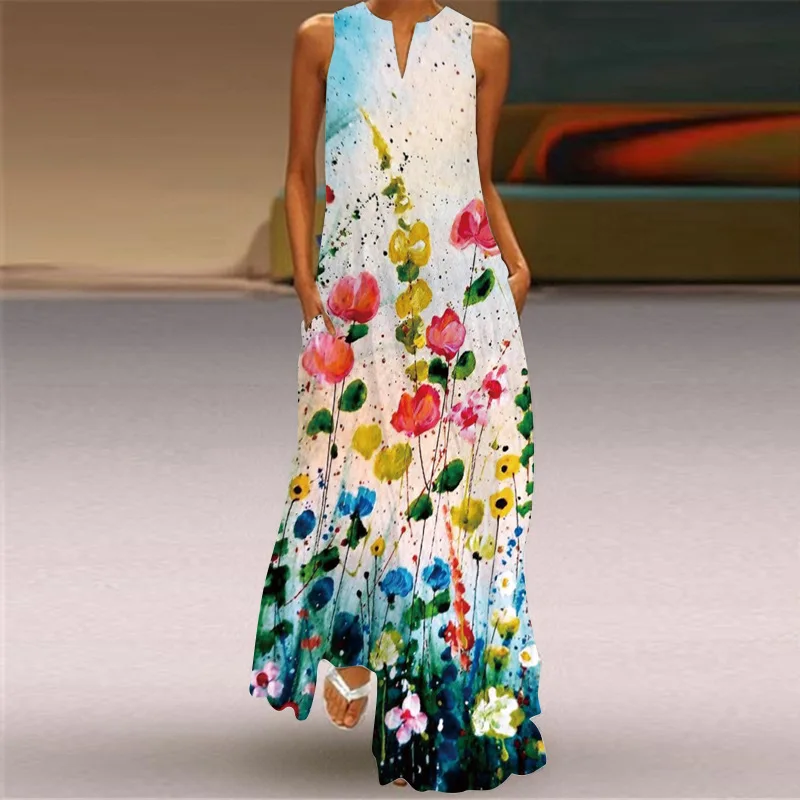 

MOVOKAKA Flower Print Elegant Dresses For Women 2022 Casual Vintage Dresses Woman Summer Beach Sleeveless Girls Long Dress Women