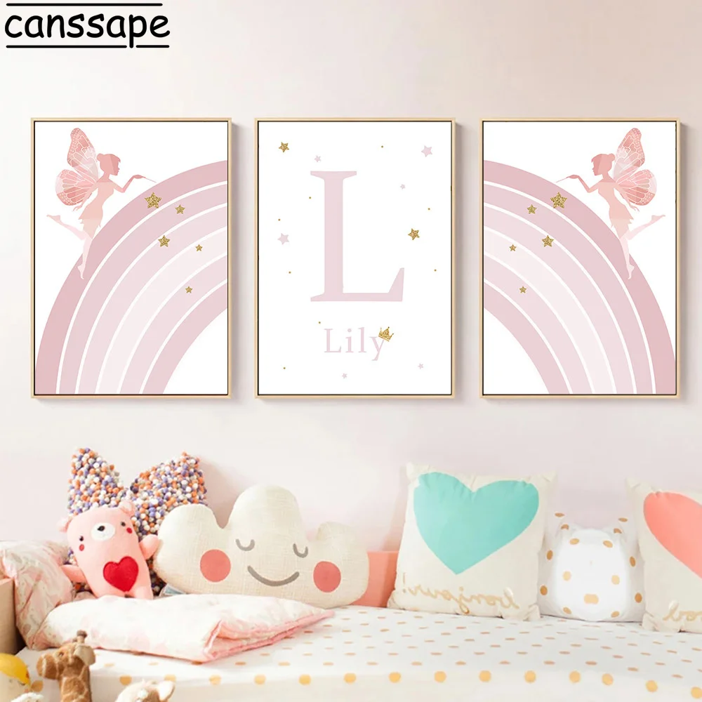 

Настенная картина с изображением розовой радуги, постер с изображением бабочки и эльфа, картина с именем на заказ, украшение детской комнат...