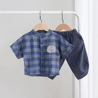 2022 childrens summer clothing korean boy cotton and linen plaid shirt suit baby plaid handsome two piece kit