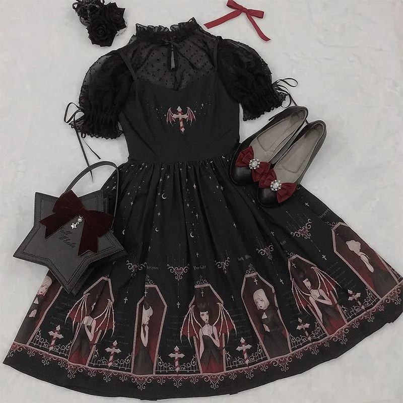 

Dark Gothic Devil Print Dress Black Japanese Style Lolita Jsk Victorian Suspender Dress Loli Sexy Sweet Goth Bandage Dresses