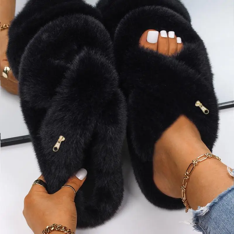 Fur Slides for Women Winter Warm Home Slippers Zipper Fashion Shoes Platform Footwear Fur Sandals Fluffy Cozy Flilp Flops