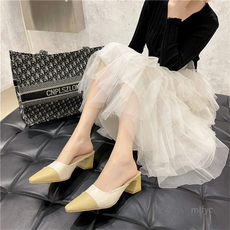 

Туфли женские на толстом каблуке, заостренный носок, полутапочки, уличная одежда, повседневные сандалии и тапочки, лето 2021