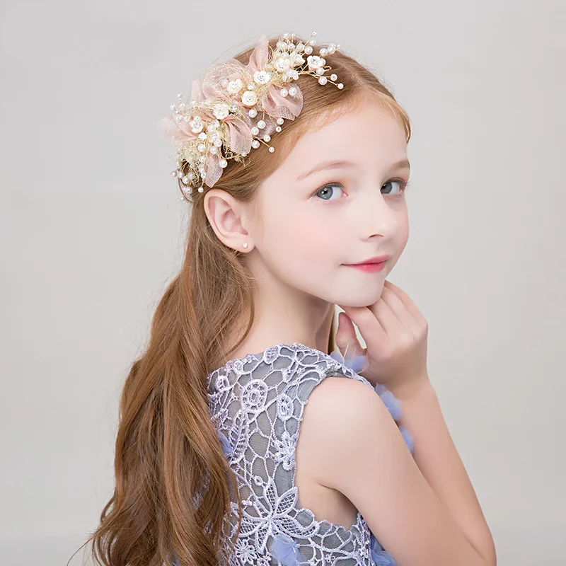

Handmade bridal headdress simple gauze butterfly golden pearl white flower hair band creative beautiful performance dance party