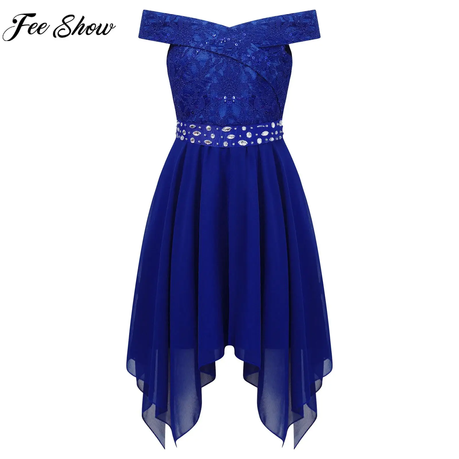 

Girls Elegant Birthday Evening Party Dress Wedding Bridesmaid Gown Off-Shoulder Lace Sequin Asymmetrical Chiffon Princess Dress