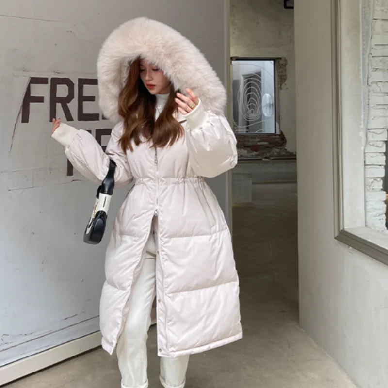 2022 Fox Fur Collar Womens Down Jacket Thickened Mid-length White Duck Down Jacket for Women