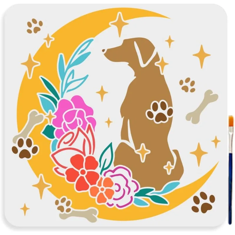 1 Упаковка Большой Трафарет В Виде Лунной Собаки Лапы 11 8x11 8 Дюйма С Кистью