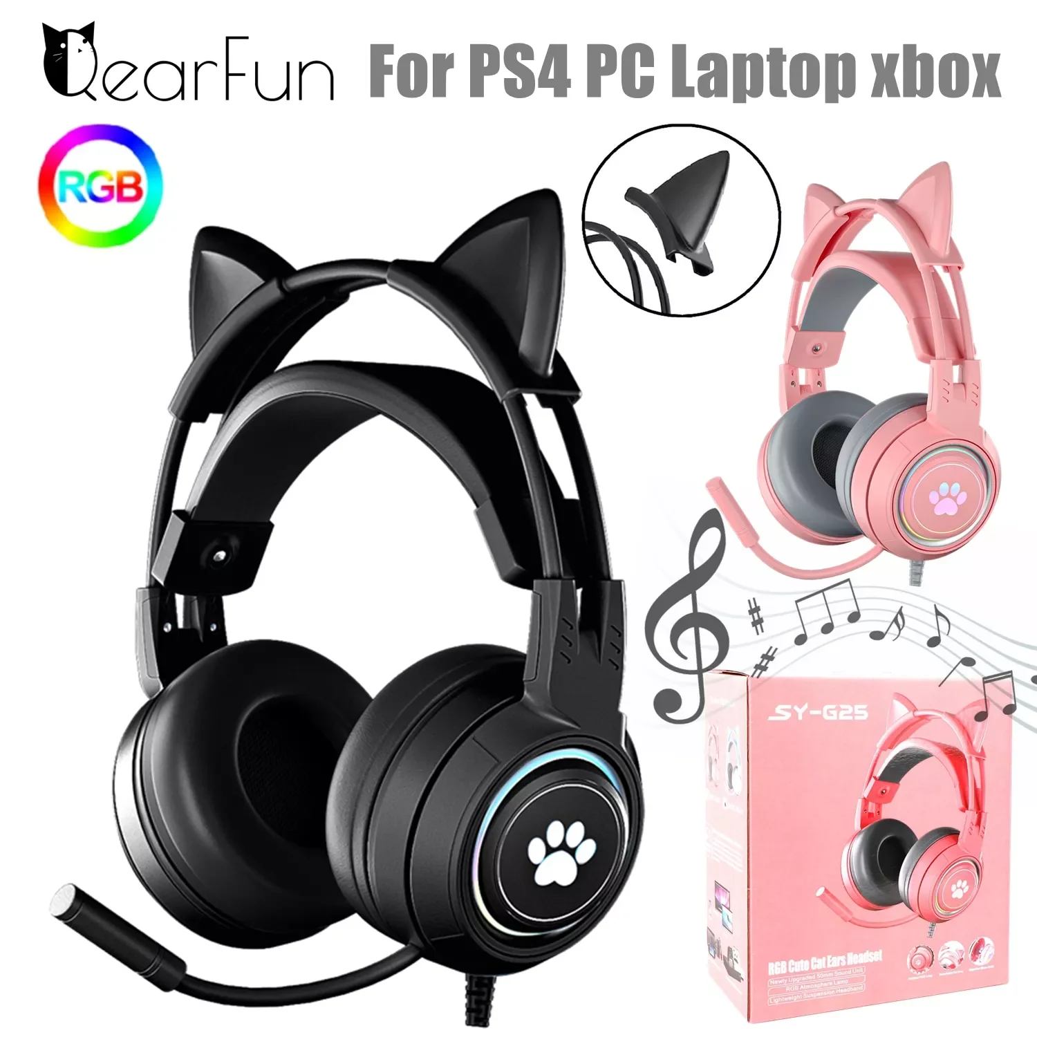 

HiFi Stereo PC Headset Gamer Girls Pink Cat Headphones with Microphone RGB Light for PS4 Laptop Phone Black Wired Earphone Gift