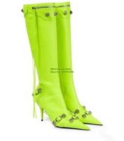 women boots pointed toe stiletto grooved rivets knee high boots fluo yellow mid heel boots interior zipper customized plus siize