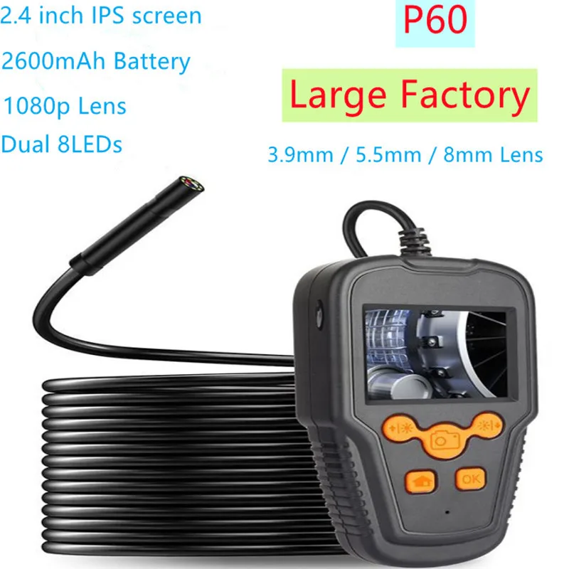 

P60 Industrial Endoscope P60A Camera 2.4'' Screen HD1080P 3.9mm 5.5mm 8mm Holdheld Inspection Borescope Cable Waterproof 2600mAh