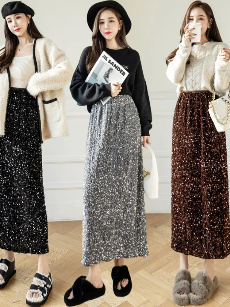 Женская бархатная юбка с блестками длинная средней длины поясом на резинке