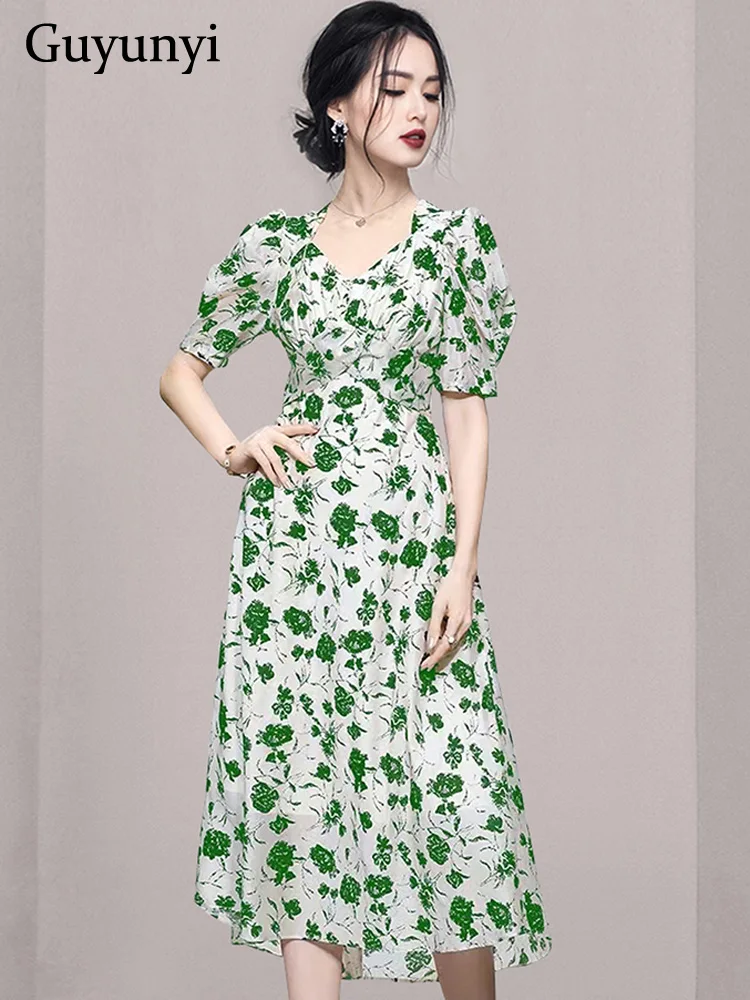 

Elegant Party Dress 2022 Summer Simple Square Neck Puff Sleeves Green Floral Print High Waist Line Temperament Women's Dresses