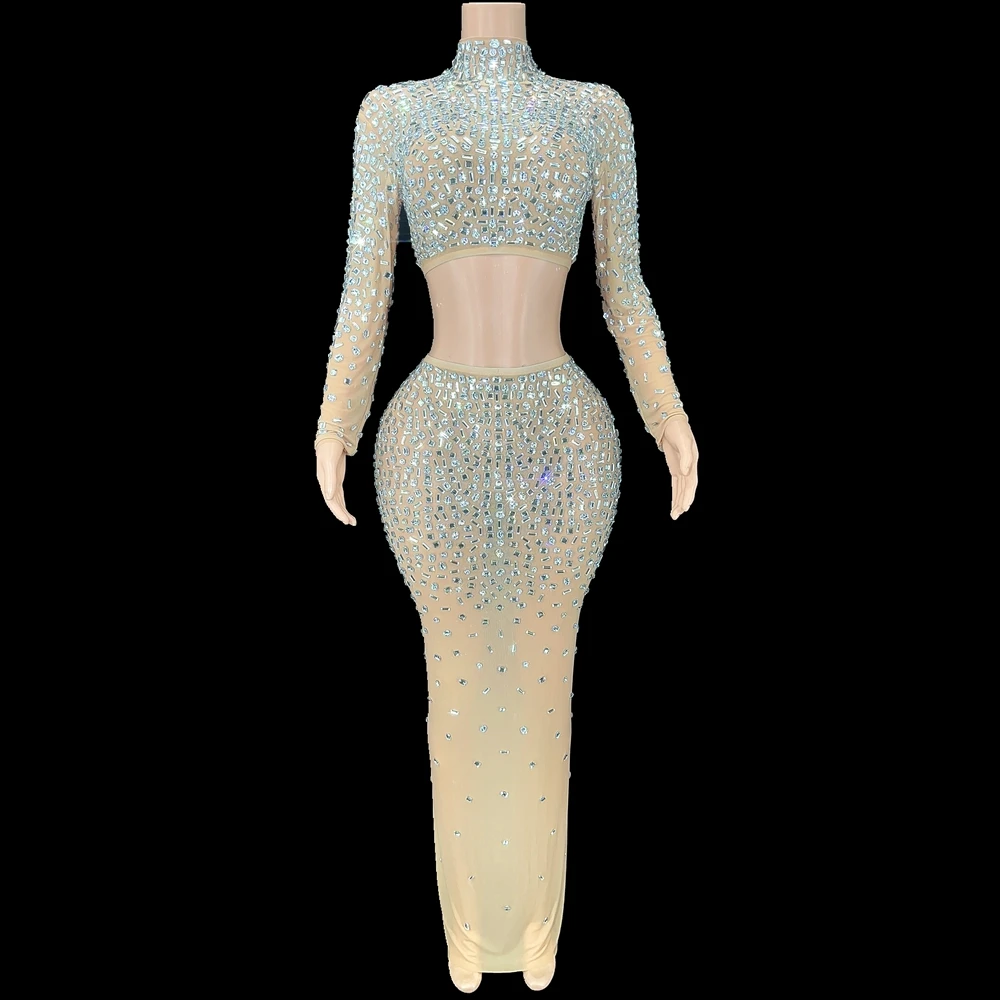 Falda larga con diamantes de imitación para mujer, conjunto de dos piezas elástico transparente, Sexy, vestido de fiesta de noche, vestido de cumpleaños