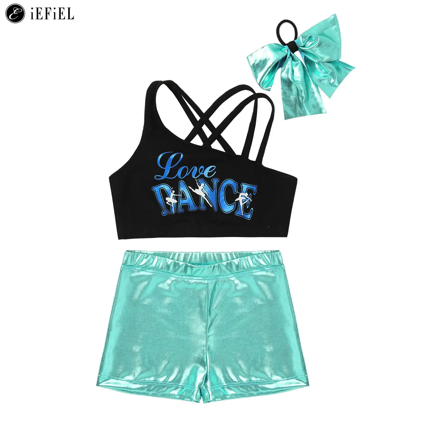 

Kids Girls Two Pieces Dance Outfit Criss Cross Back Crop Top with Booty Shorts for Ballet Gymnastics Workout Sports Training