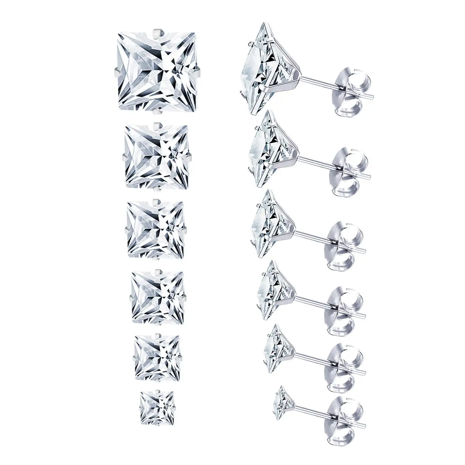 

6 Pairs Stainless Steel Stud Earrings Cubic Zirconia 316L Earrings Stainless Steel CZ Earrings 3-8mm for Women Girls