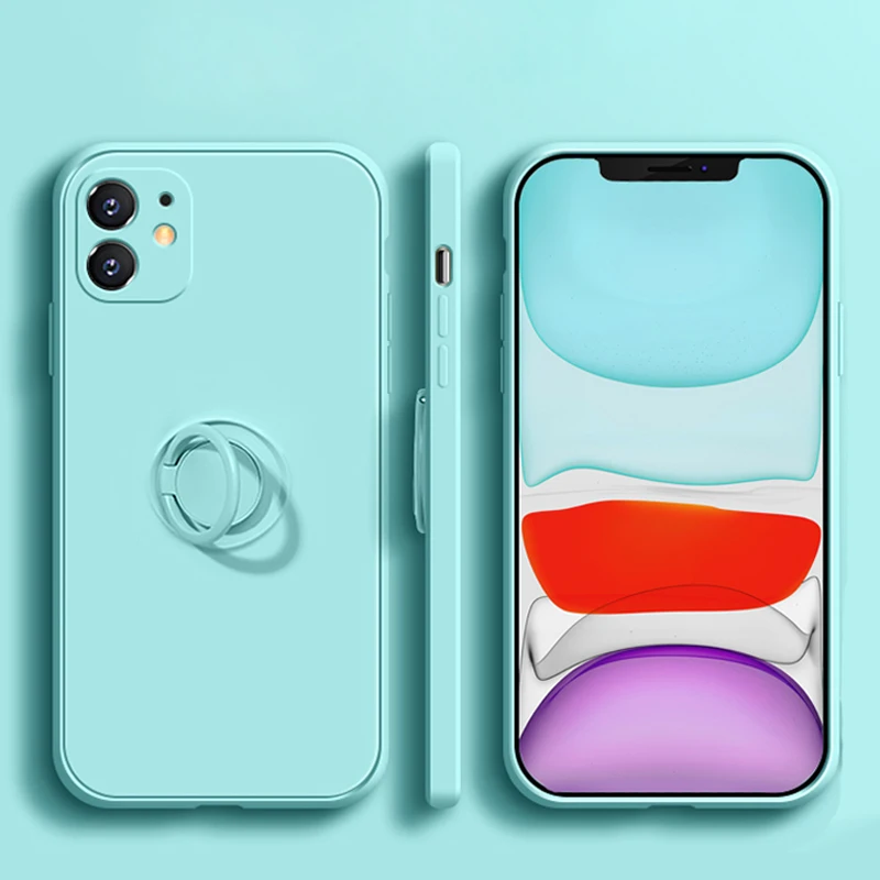 

Luxury Ring Holder Square Liquid Silicone Case For iPhone 12 11 Pro Max Mini X XS XR 8 7 Plus SE 2020 Camera Protection Cover