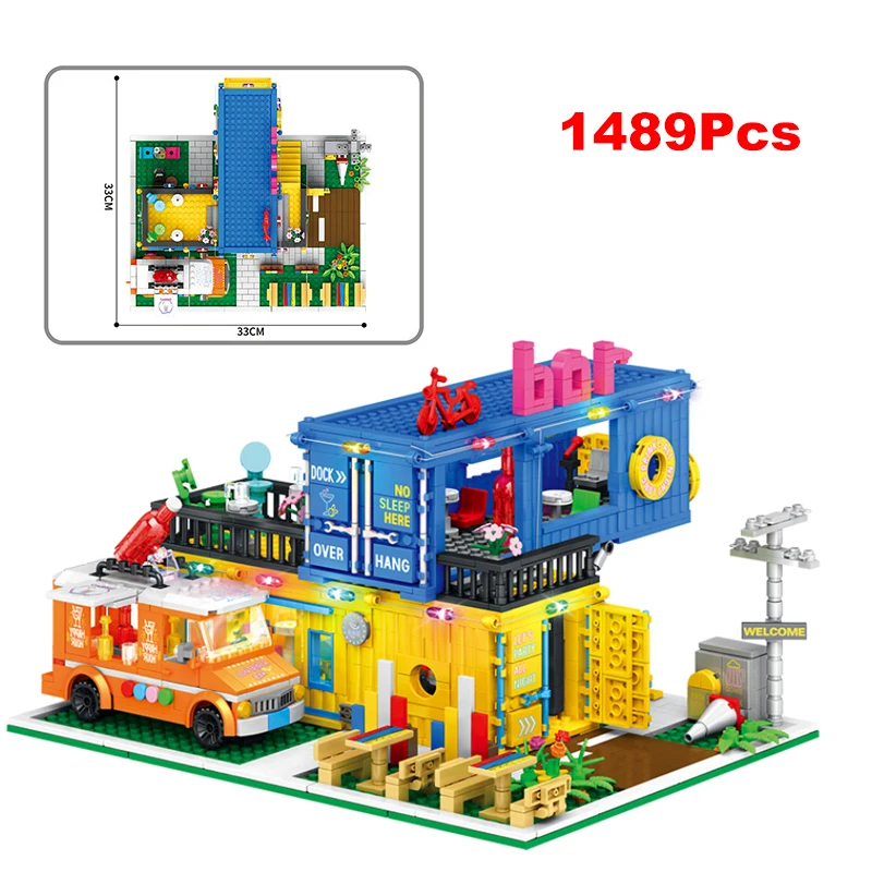 

1489Pcs MOC Container Ballroom Model Building Blocks City Street View Bar Classic Mini Bricks Toy Adults Gift for Kids