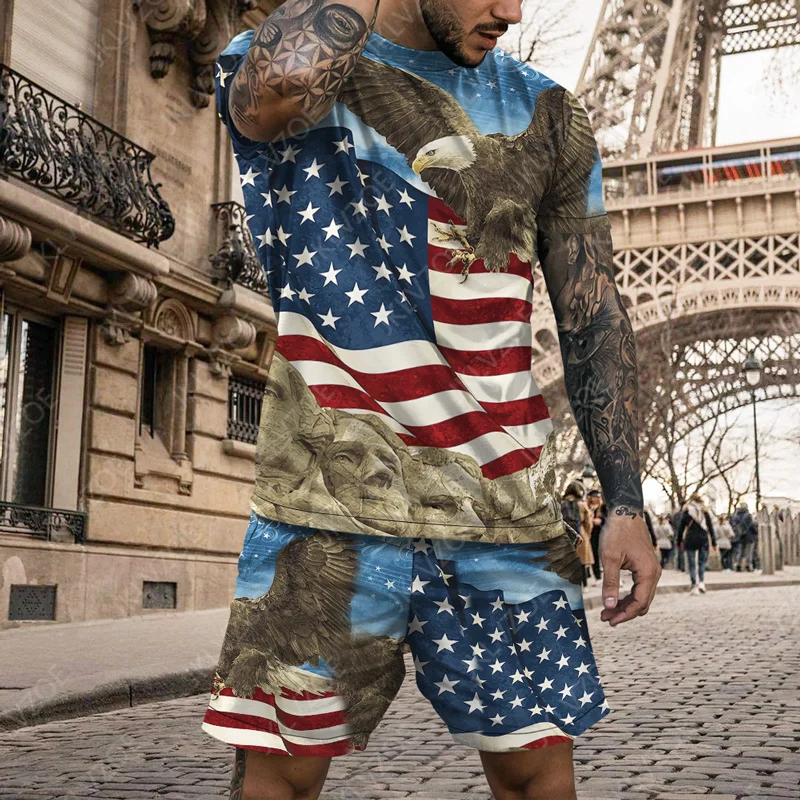 New Summer Men American Flag 3D Printed Two-piece set T-shirt + Shorts Suit Men Fashion Oversized T-shirt Casual Men's Clothing